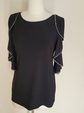 Cartise | Y2K Fitted Black Top with Rhinestone Lined Flowy Sleeves | Size Small